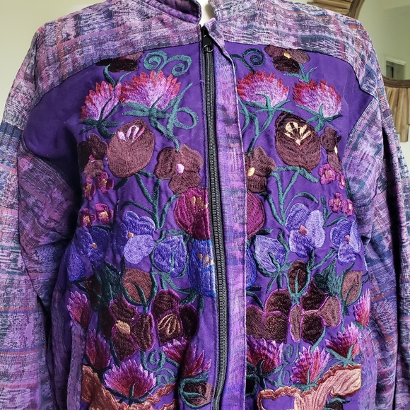 Guatemalan Cotton Purple Embroidered Zip Front Knit Coat - Picture 2 of 11